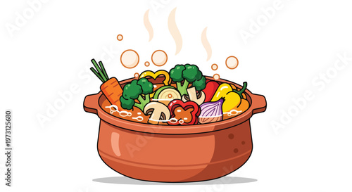 Steaming Clay Pot Overflowing with Vibrant Assortment of Freshly Chopped Healthy Vegetables and Aromatics Ready to Cook Deliciously