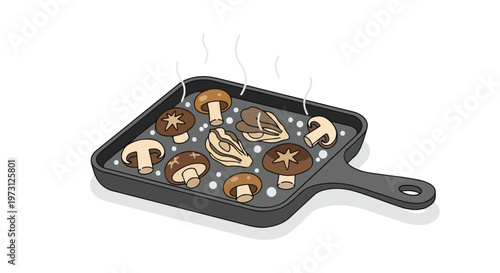 Illustration of various mushrooms cooking on a sizzling hot cast iron skillet with steam rising above the white background