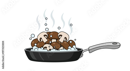 Illustration of assorted mushrooms sizzling and steaming in a frying pan with bubbles and rising vapor