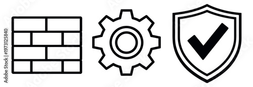 Outline security and configuration icon set featuring a firewall, a gear, and a shield with a checkmark for digital protection
