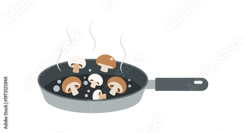 Steaming Mushrooms Sizzling in a Frying Pan, Culinary Art, Simple Kitchen Scene, Delicious Preparation, Wholesome Cooking Illustration