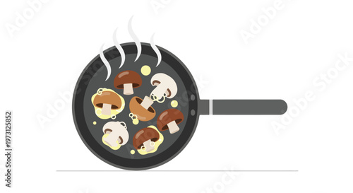 Simple flat illustration of button mushrooms being pan-fried with butter and steam rising off the cooking surface