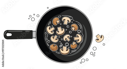Artistic depiction of sliced mushrooms sizzling in a black skillet, ready for culinary creation