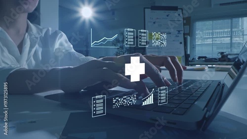 Health insurance and medical healthcare. Medical business life protection plan, digital hospital technology, medicine, patient checkup service, global science innovation, and smart wellness system.