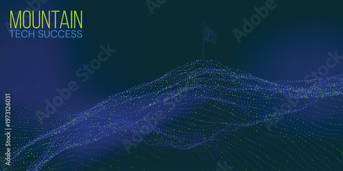 Digital success concept with tech success mountain and green glowing elements