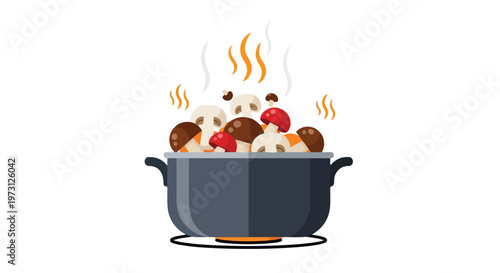 Vibrant illustration of a pot brimming with assorted mushrooms emitting steam, symbolizing culinary preparation and wholesome cooking