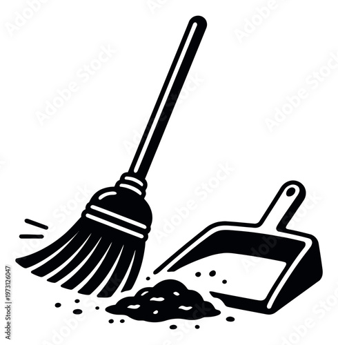 Simple line art illustration of a broom and dustpan depicting cleaning dust for household chores