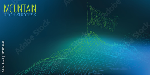 Abstract blue gradient with tech success mountain concept and glowing green dots