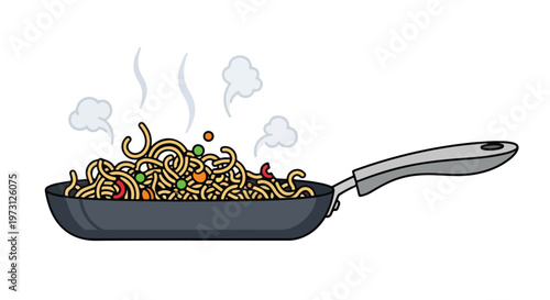 Steaming noodle dish cooked in a pan with vibrant vegetables and swirling wisps of steam rising