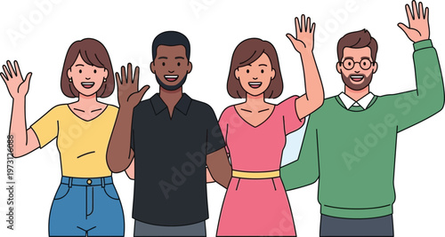 People wave their hands happily to welcome friends and greet the audience.