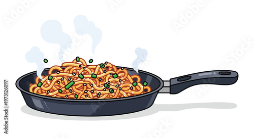 Steaming Pan of Delicious Noodles with Sesame Seeds and Green Onions