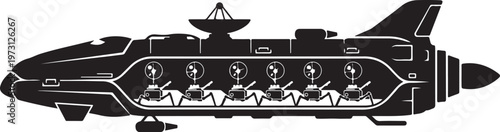 Black submarine vector, futuristic underwater vehicle, sleek submersible craft, navy military boat