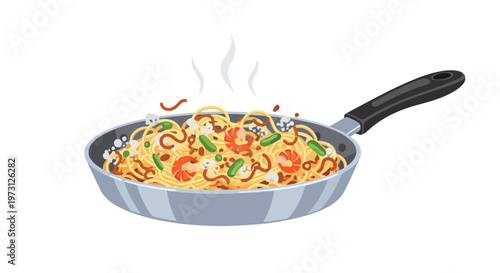 Steaming Pan of Delicious Pasta with Shrimp and Green Vegetables, a Culinary Delight Ready to Serve.