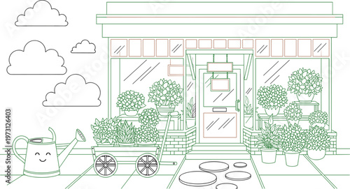 Modern flower shop storefront line art with green accents potted plants cart watering can urban botanical vector illustration scene