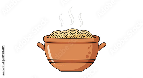 Wholesome steamy spaghetti served hot in a rustic clay pot, perfect for culinary graphics and food illustrations