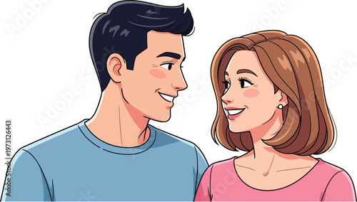 Couple looks at each other with happy expressions in a romantic atmosphere.