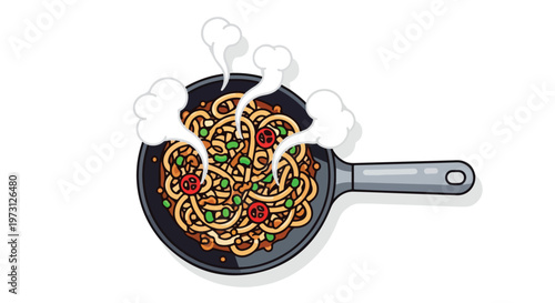 Steaming hot bowl of noodles being prepared in a frying pan with visible steam rising upwards, a delightful culinary illustration