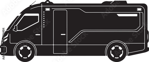 Black camper van, motorhome, RV, vehicle, outline, white lines, illustration, vector graphics