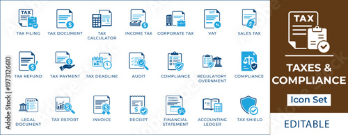 Taxes and compliance icon set featuring tax filing, financial audit, VAT, income tax, corporate regulation, accounting ledger, and legal policy symbols for business finance.