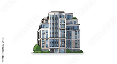 Modern Architectural Rendering of a Multi-Story Apartment Building with Balconies and Lush Greenery