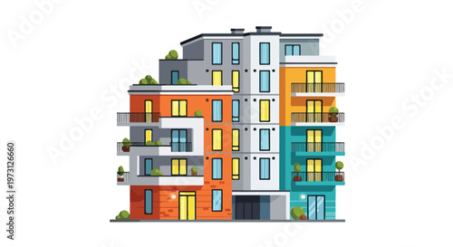 Modern apartment building illustration with colorful facade and balconies showcasing urban living and contemporary architecture