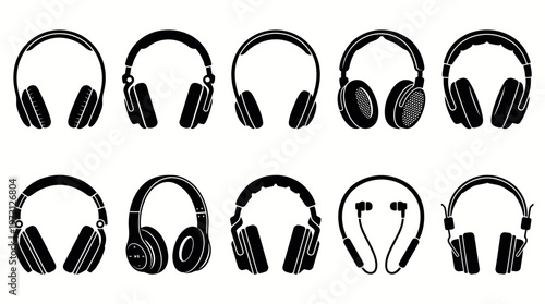 Headphones and headsets vector illustration set with microphones, ear cups, neckband style, black outlines, audio accessories decorative vector art graphics collection