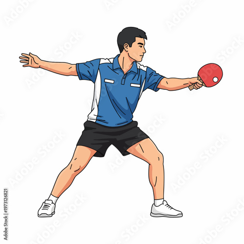 Illustration of a young man playing table tennis with a red paddle in a dynamic stance against a clean white background.
