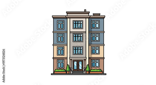 A charming, stylized illustration of a multi-story apartment building with clean lines and a welcoming entrance, isolated on a white background