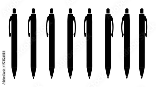 Ballpoint pen vector silhouette illustration set with click mechanism, clip design, black outlines, stationery office supplies decorative vector art graphics collection