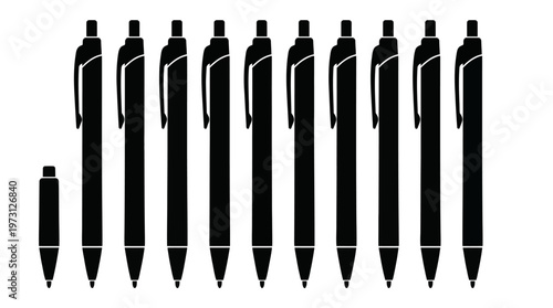 Ballpoint pen vector silhouette illustration set with click mechanism, clip design, black outlines, stationery office supplies decorative vector art graphics collection