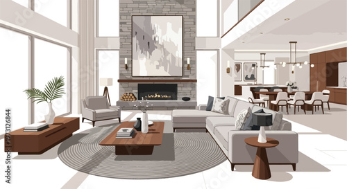 Spacious modern living room with fireplace, sectional sofa, and dining area, bathed in natural light through large windows, creating an elegant and