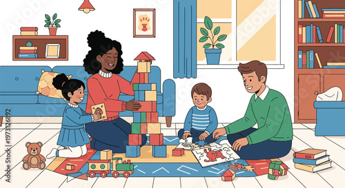 Family playing with colorful wooden building blocks in a cozy living room.