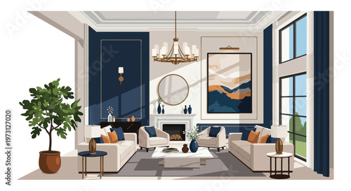 Contemporary elegant living room interior with plush sofas accent chairs fireplace and modern art