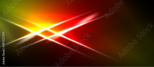 Bright abstract lines intersect. Colors blendyellow, red, greenover dark background. Dynamic energy radiates from central point.