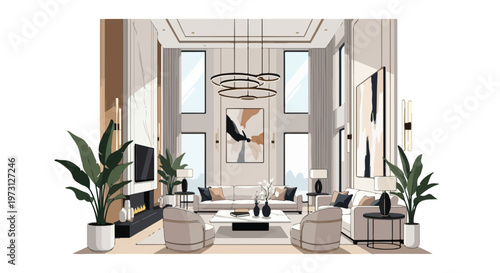 Luxurious and Modern Living Room Design with High Ceilings and Contemporary Art