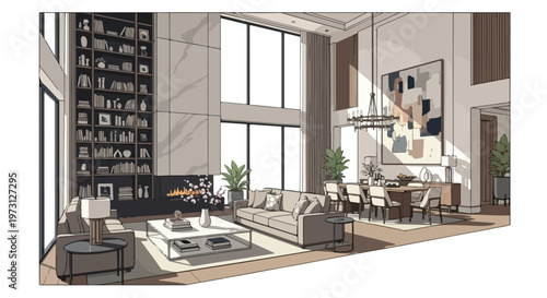 Luxurious two-story living and dining room interior design sketch with modern abstract art and fireplace ambiance