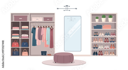 Organized Feminine Dressing Room with Apparel Storage Footwear Display and Potted Plants