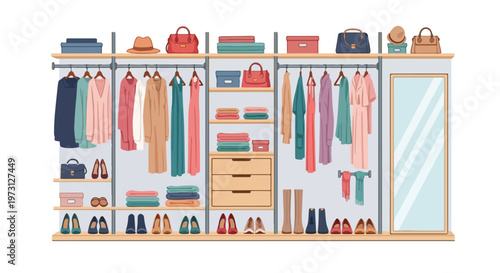 Organized Closet Interior Design Featuring Hanging Garments and Shoe Collection Displayed on Shelves