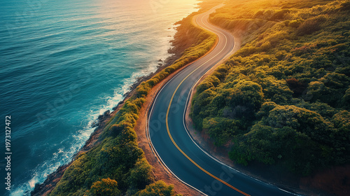 long curved coastal road with milestone checkpoints, strategic direction and future success concept, ocean background
