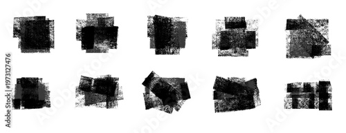 Grunge rolled ink stamp textures handmade with brayer tool. Linocut relief printing shapes set. Eroded letterpress rough irregular square backgrounds. Vector illustration isolated on white background.