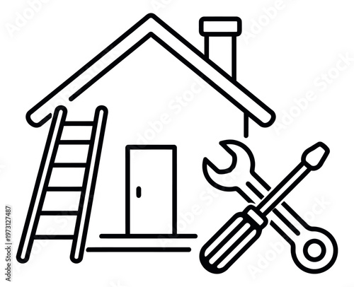 Line art home repair icons set featuring a house, ladder, wrench, and screwdriver for home improvement services