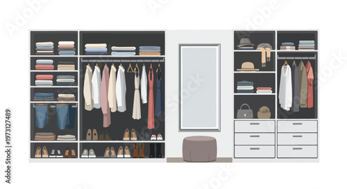 Organized modern walk-in closet featuring neatly stacked apparel and shoe collection display with full-length mirror and pouf