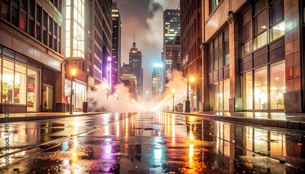 Naklejka premium vibrant urban night street with neon reflections on wet pavement after rain