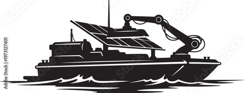 Industrial Tugboat, Harbor Crane, Black Vector Illustration, Nautical Equipment, Marine Transport