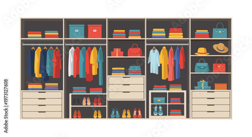 Organized modern closet interior with hanging clothes folded items shoes handbags and storage drawers and shelves