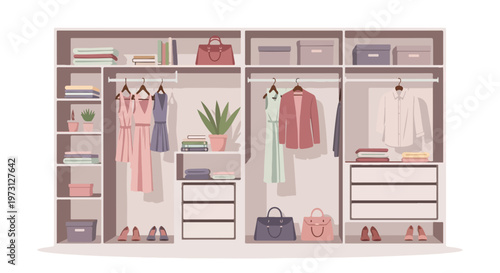 Organized walk-in closet showcasing stylish apparel and accessories with a clean and modern aesthetic
