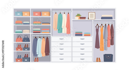 Organized wardrobe interior showcasing neatly arranged clothing accessories and storage solutions for a clutter-free closet space.