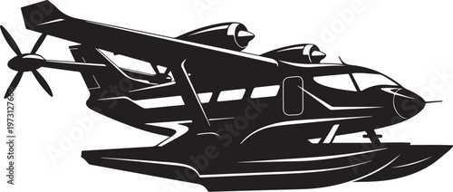 Fotografi Black seaplane, vector airplane, amphibious aircraft, silhouette illustration