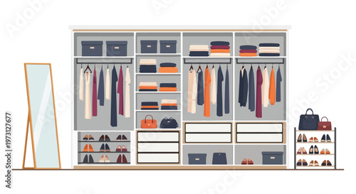 Organized Closet Interior Design with Hanging Clothes, Folded Garments, Shoes, Bags, and a Full-Length Mirror for Style Coordination