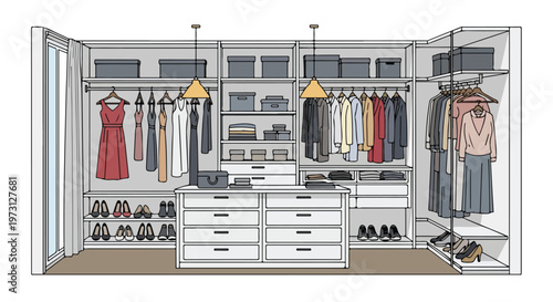 Expansive walk-in closet design featuring ample storage for clothing and shoes, meticulously organized and illuminated by modern pendant lights